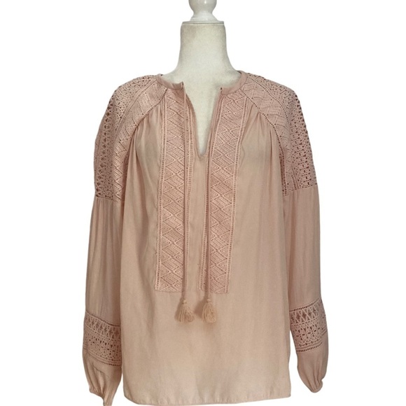 Ramy Brook Winnie Crochet Lace Embroidered Peasant Blouse Blush Pink - Picture 9 of 10